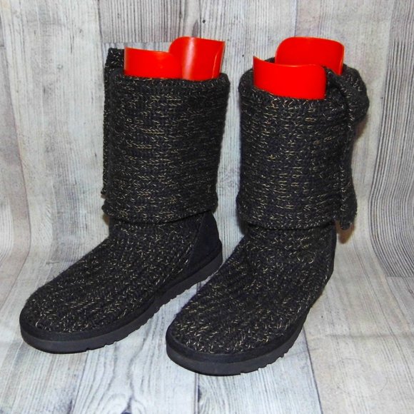 UGG Classic Cardy Black/Gold Knit/Sheepskin(Footbeds) Boots Womens Size 7 - Picture 4 of 9